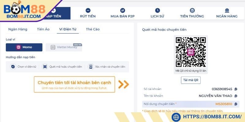 Các bước thực hiện giao dịch nạp tiền BOM88 chuẩn xác nhất